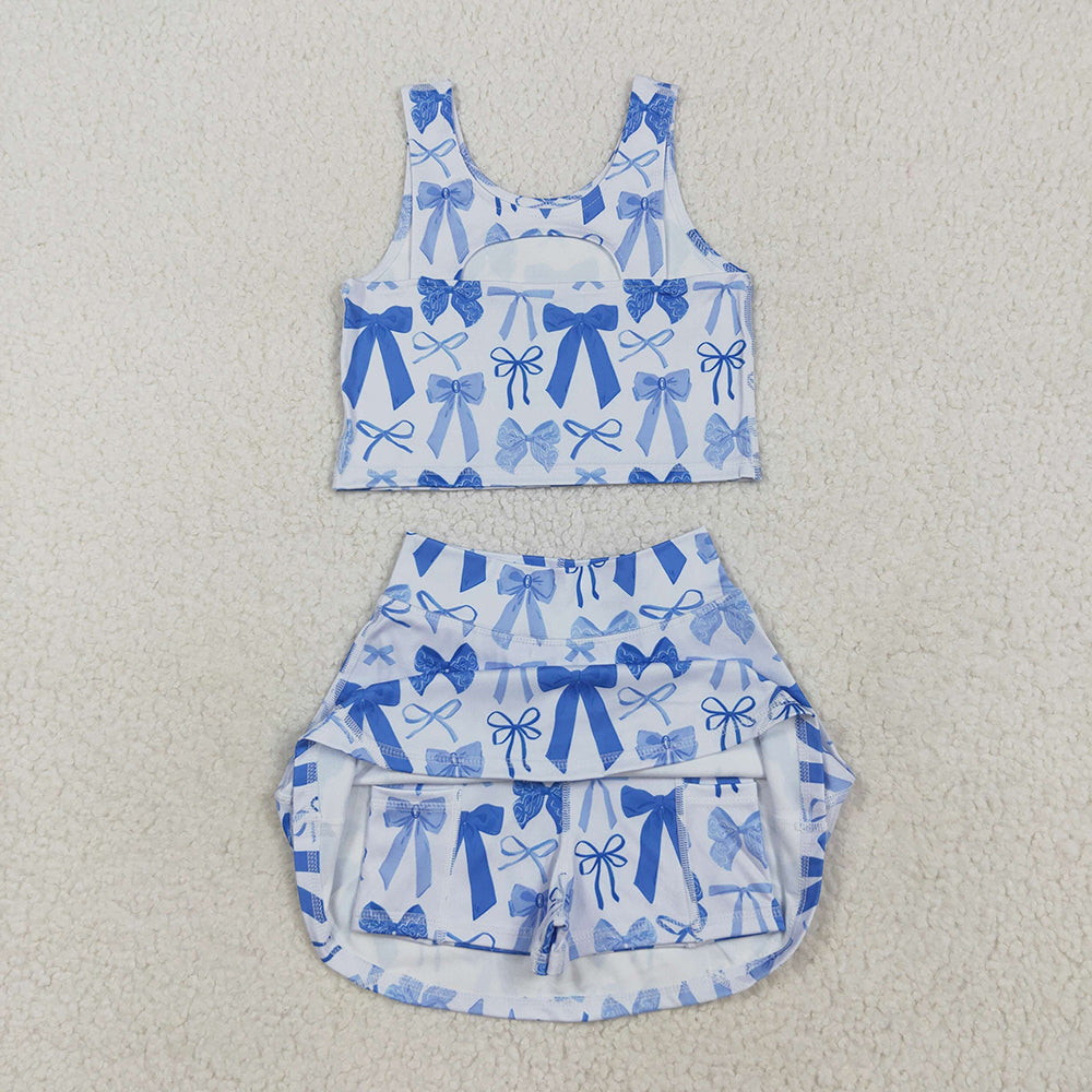 GSD2640 Baby Girls Blue Bows Yoga Crop Top Skorts Skirts Outfits Active Sets