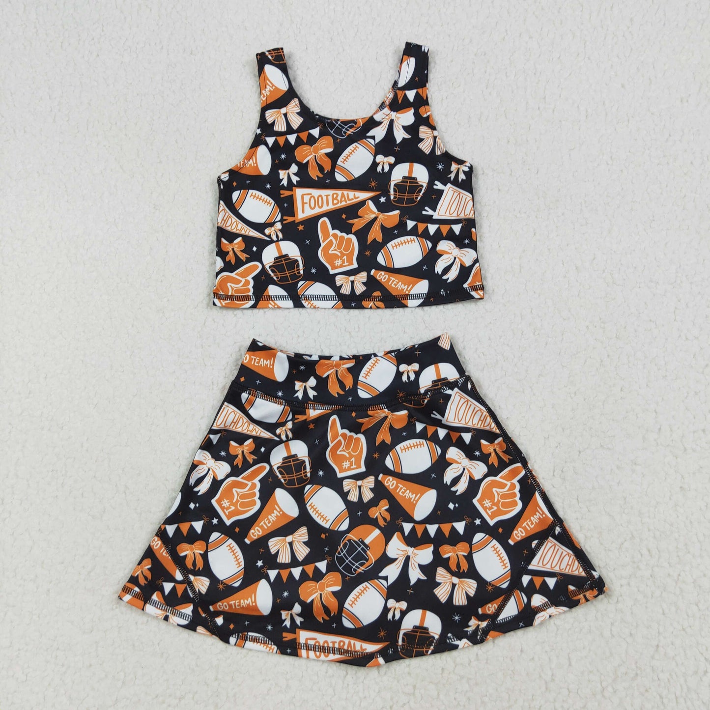 GSD2687 Baby Girls Black Orange Team Yoga Crop Top Skorts Skirts Outfits Active Sets