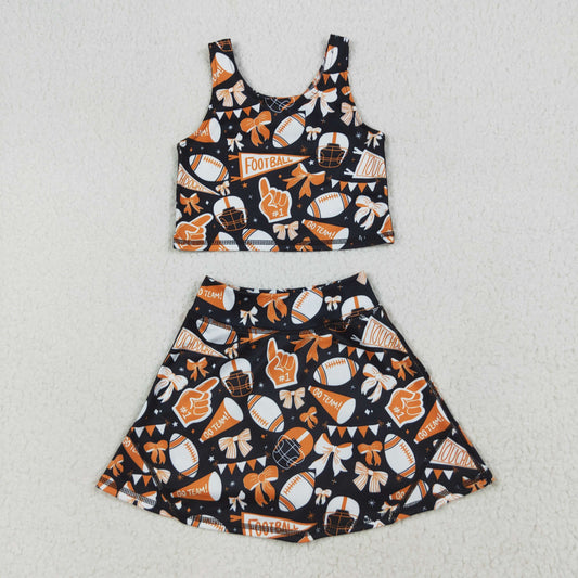 GSD2687 Baby Girls Black Orange Team Yoga Crop Top Skorts Skirts Outfits Active Sets