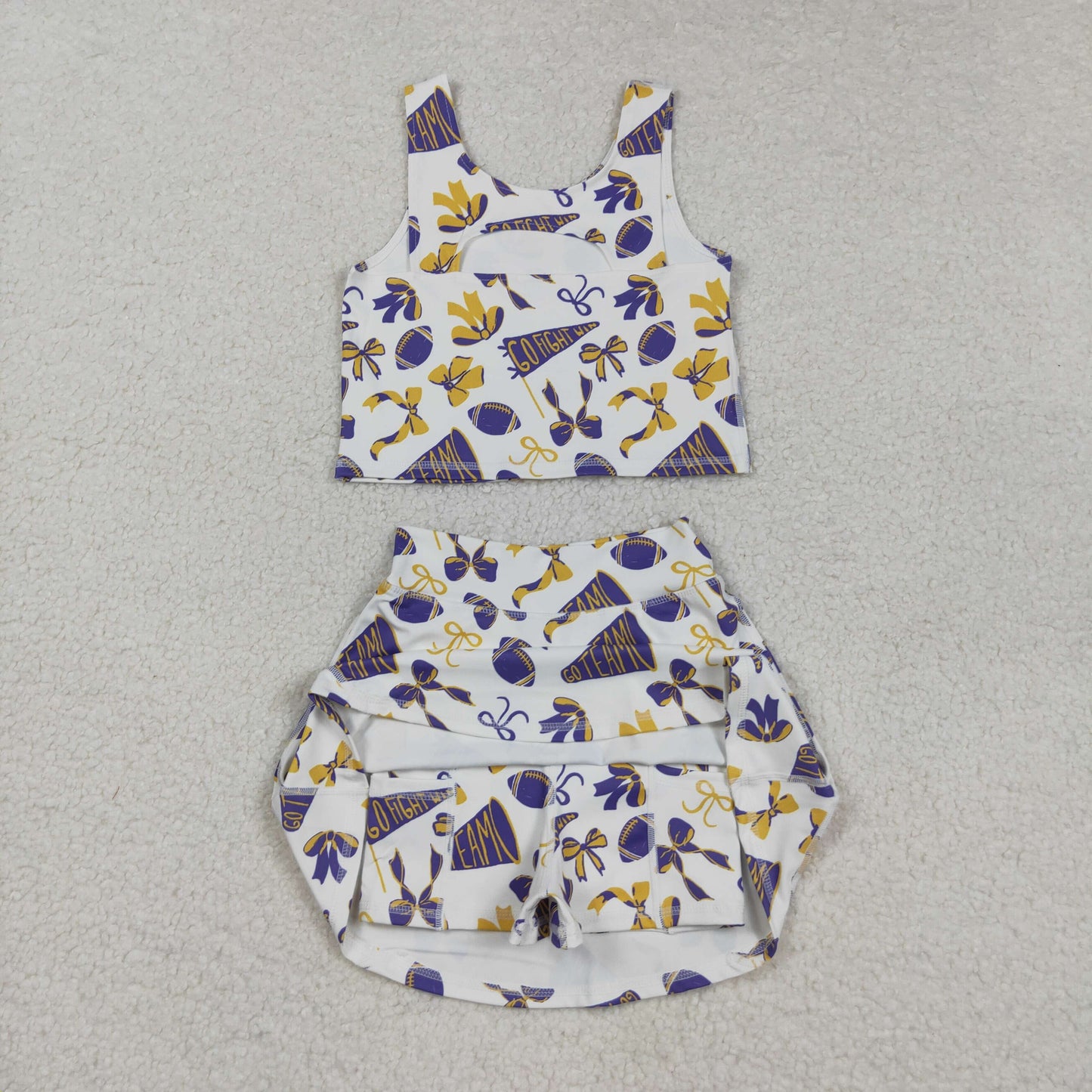 GSD2690 Baby Girls Purple Yellow Go Team Vest Top Skirt Shorts Yoga Active Clothes Sets