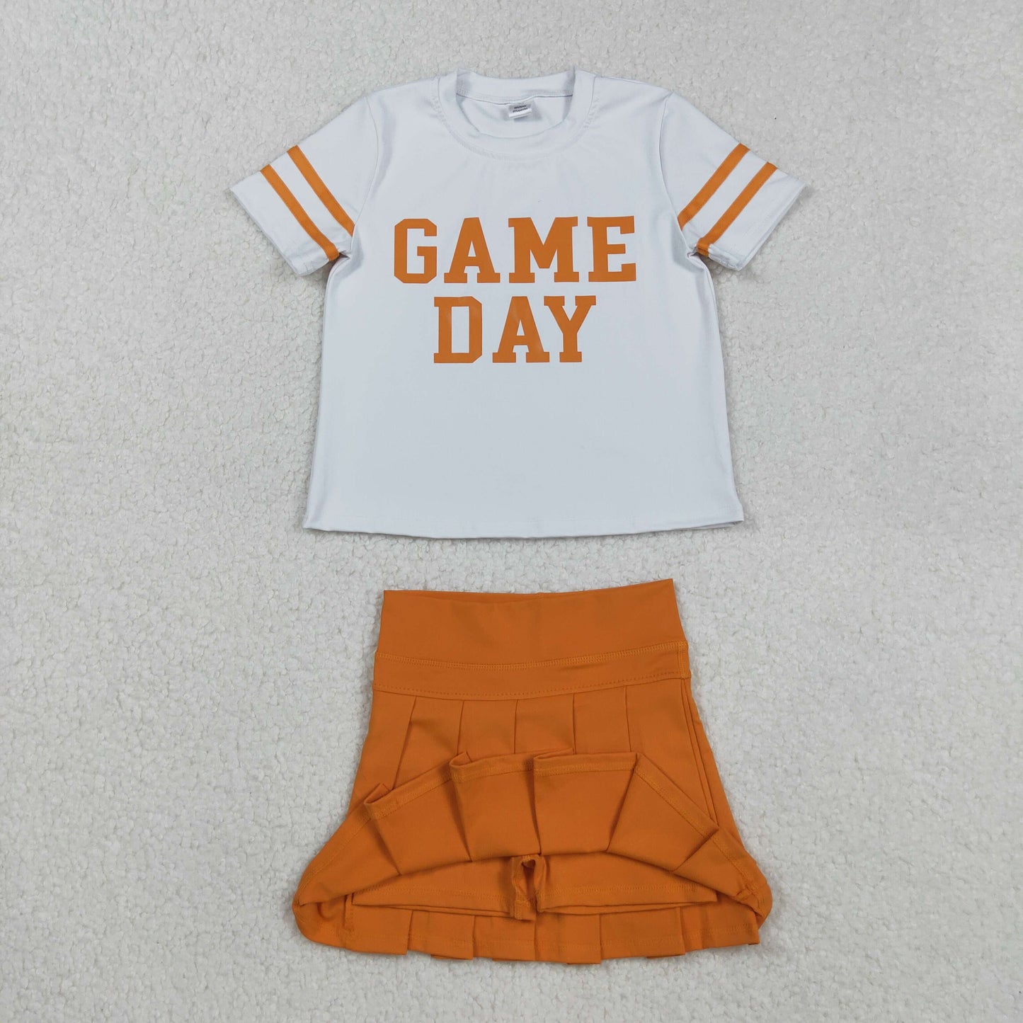 GSD2761 Baby Girls Orange Game Day Top Pleated Skirt Shorts Yoga Active Team Clothes Sets
