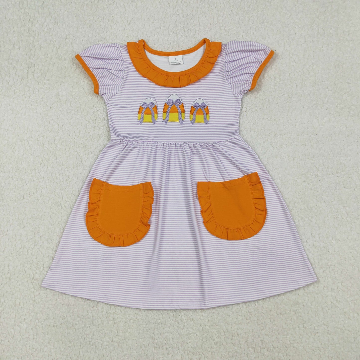 GSD2791 Baby Girls Lavender Stripe Embroidery Bows Candy Pockets Halloween Knee Length Dress