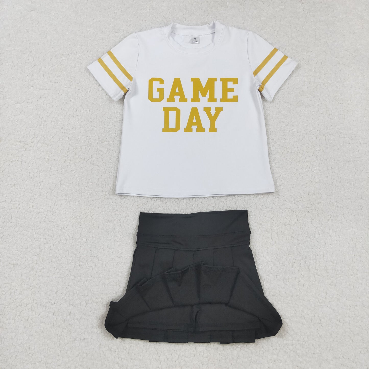 GSD2804 Baby Girls Gold Game Day Top Black Pleated Skirt Shorts Yoga Active Team Clothes Sets