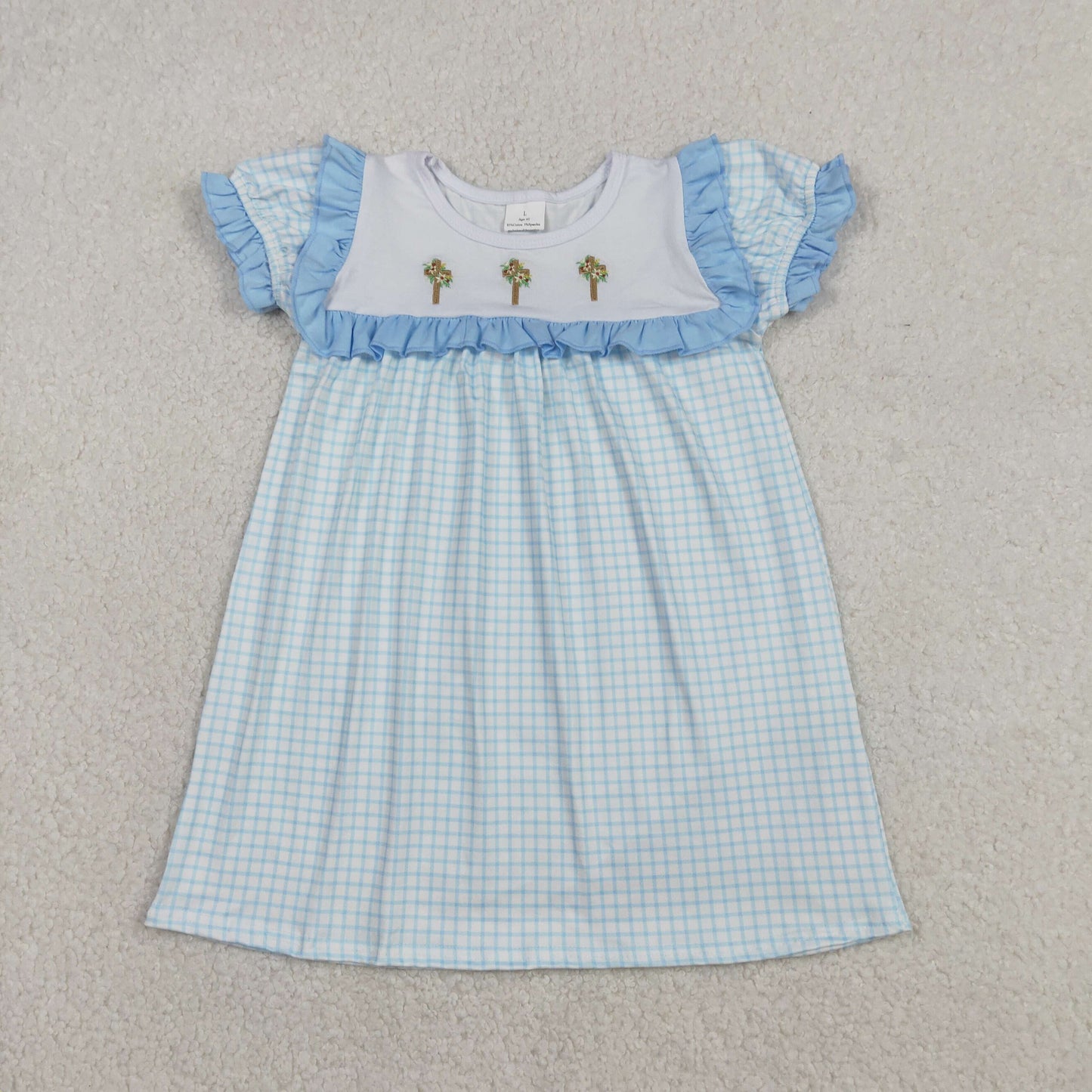 Sibling Baby Girls Blue Checked Embroidery Floral Crosses Tunic Ruffle Shorts Knee Length Dress