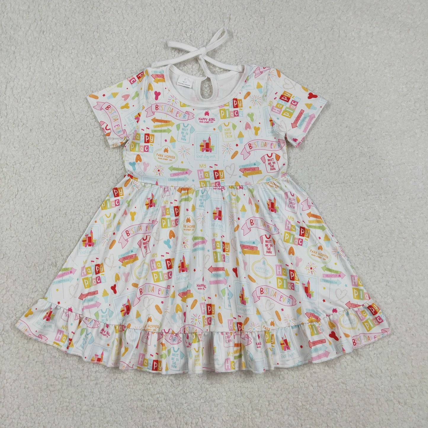 GSD2873 Baby Girls Short Sleeve Bows Happy Place Ruffle Knee Length Dresses