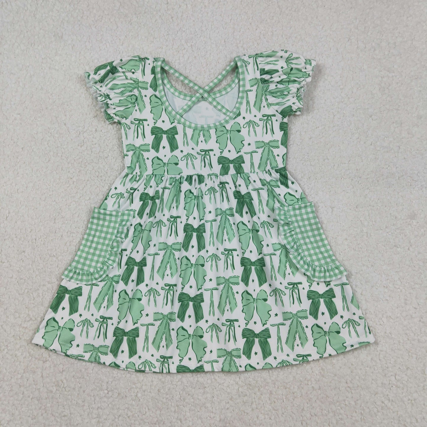 GSD2903 Baby Girls Green Bows Clovers Pockets St Patrick Knee Length Dresses