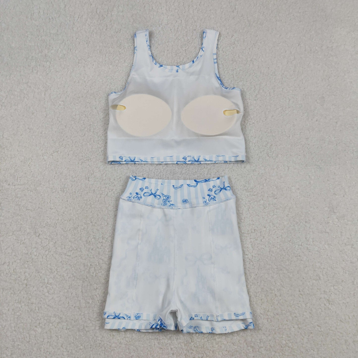 GSD3067 Baby Girls Blue Bows Castles Vests Skirt Shorts Yoga Active Clothes Sets