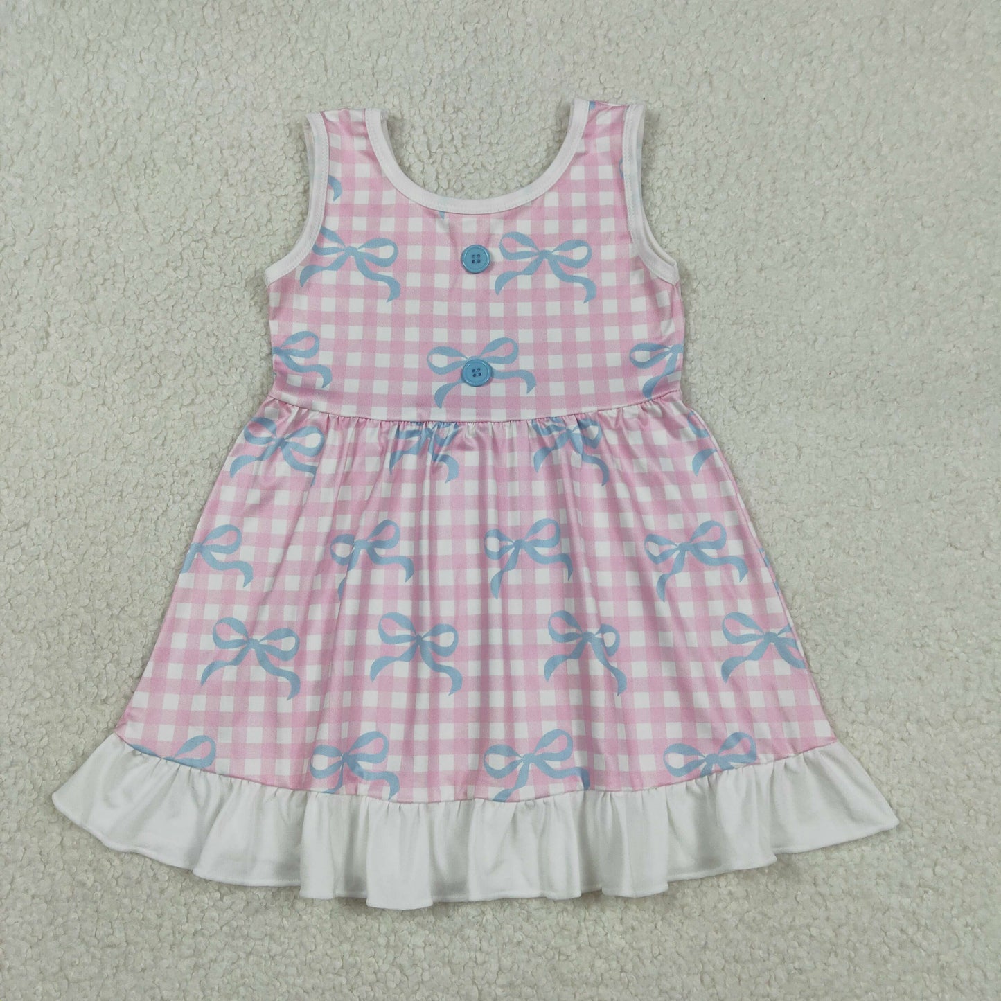 GSD3145 Baby Girls Sleeveless Button Pink Checked Bows Ruffle Knee Length Dresses