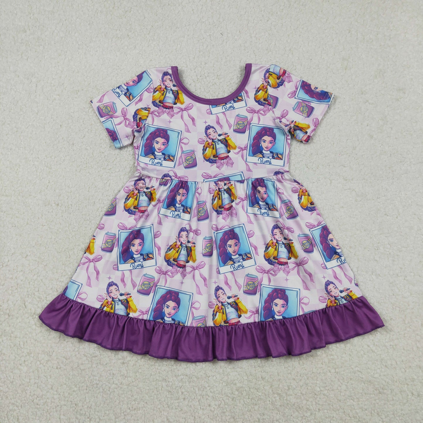 GSD3272 Baby Girls Purple Demon Hunter Bows Ruffle Knee Length Dresses