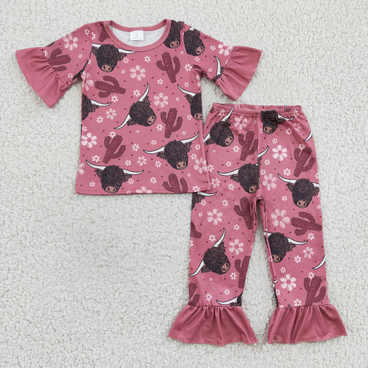 girls pink cow cactus pajamas set GSPO0326