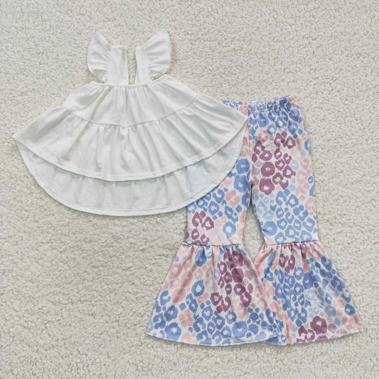 kids girls sleeveless gallus white tops leopard bottoms sets GSPO0678