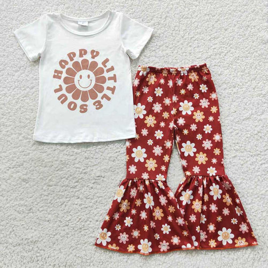 girls happy little soul shirt flower bell bottom pants outfits GSPO0752