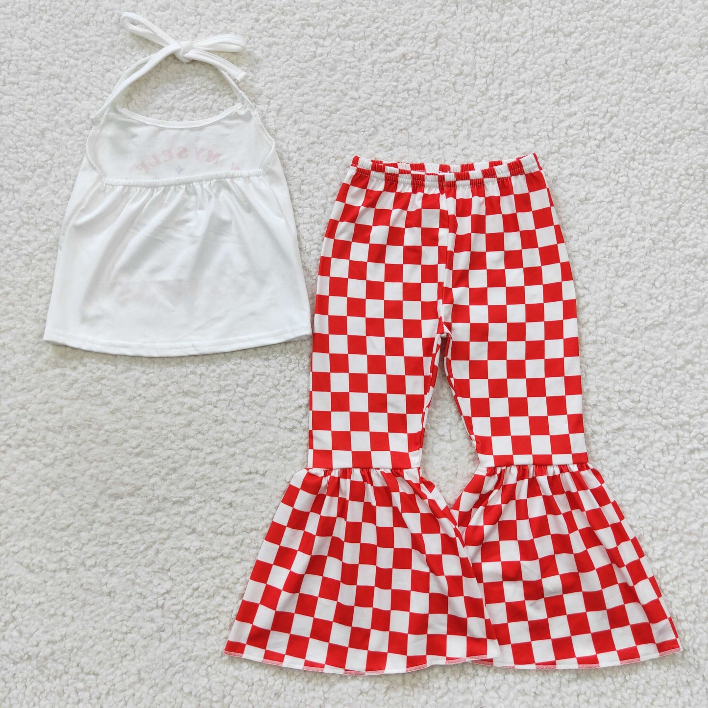 girl halter top white floral print red plaid bell bottoms set GSPO0761