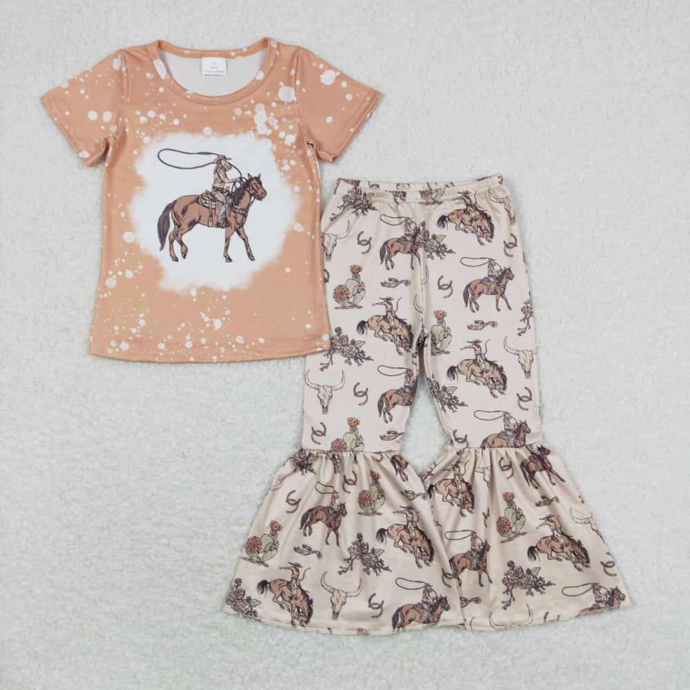 GSPO1437 baby clothes western girls cowgirl horse rodeo bell bottoms pants outfits
