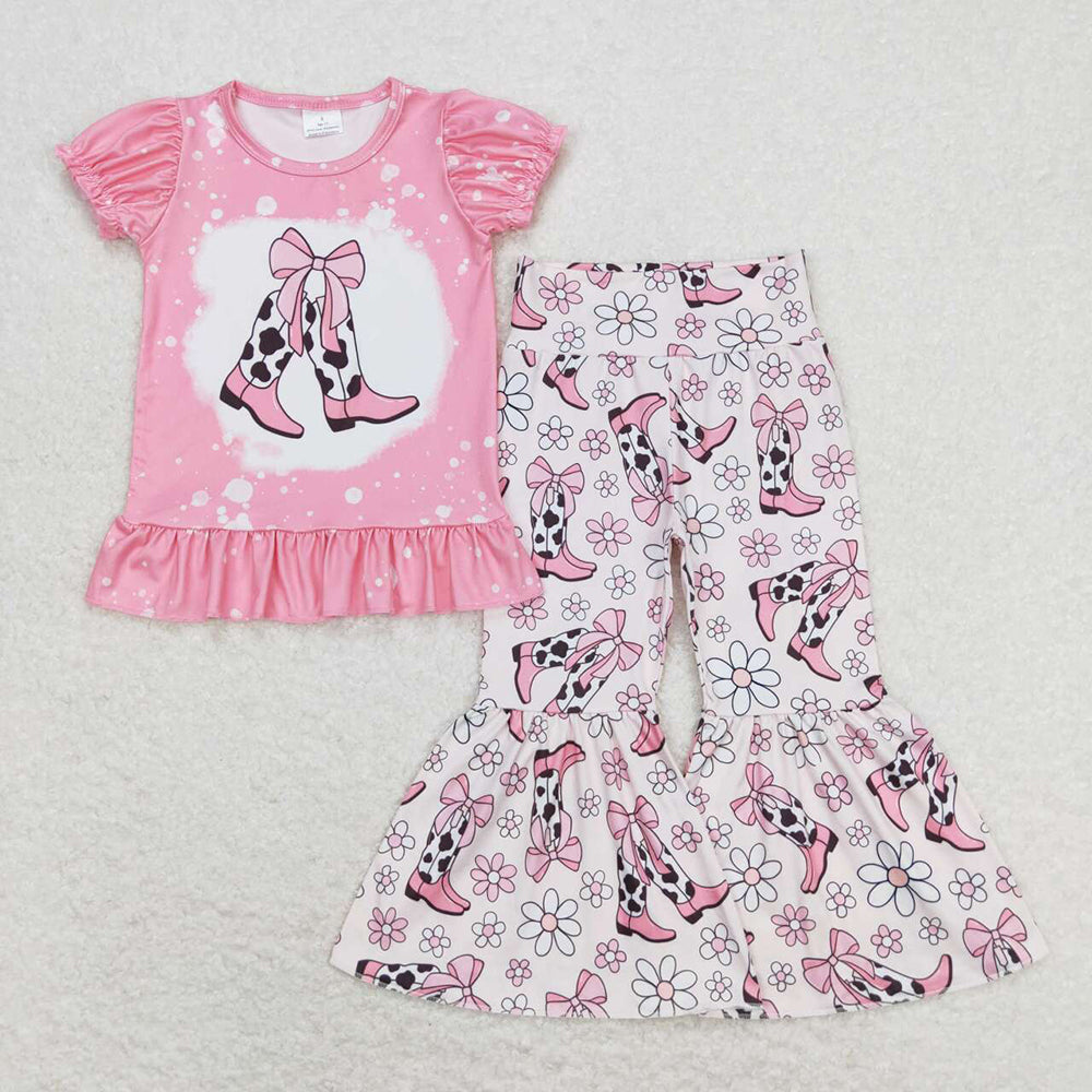 GSPO1443 baby clothes western girls pink boots bell bottoms pants outfits