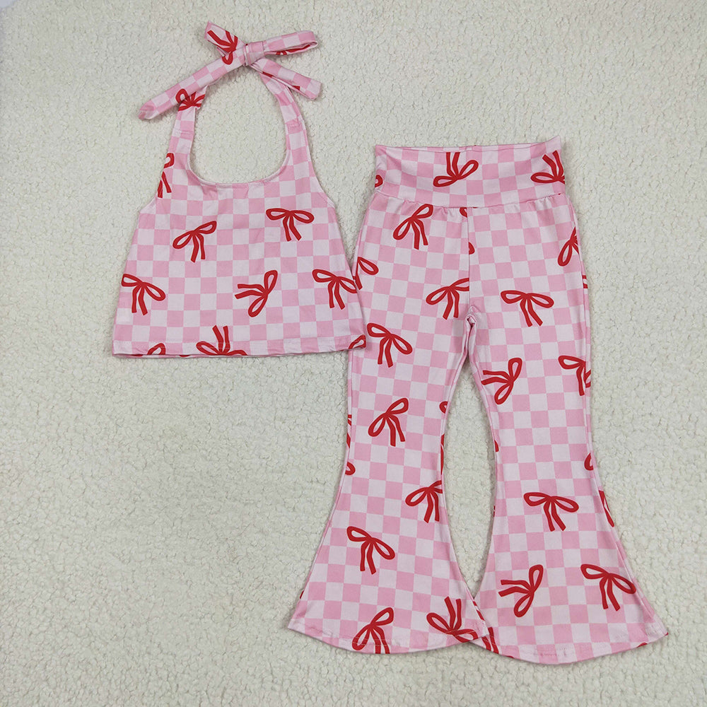 GSPO2030 toddler girls clothes pink checkered bows bell pants sets