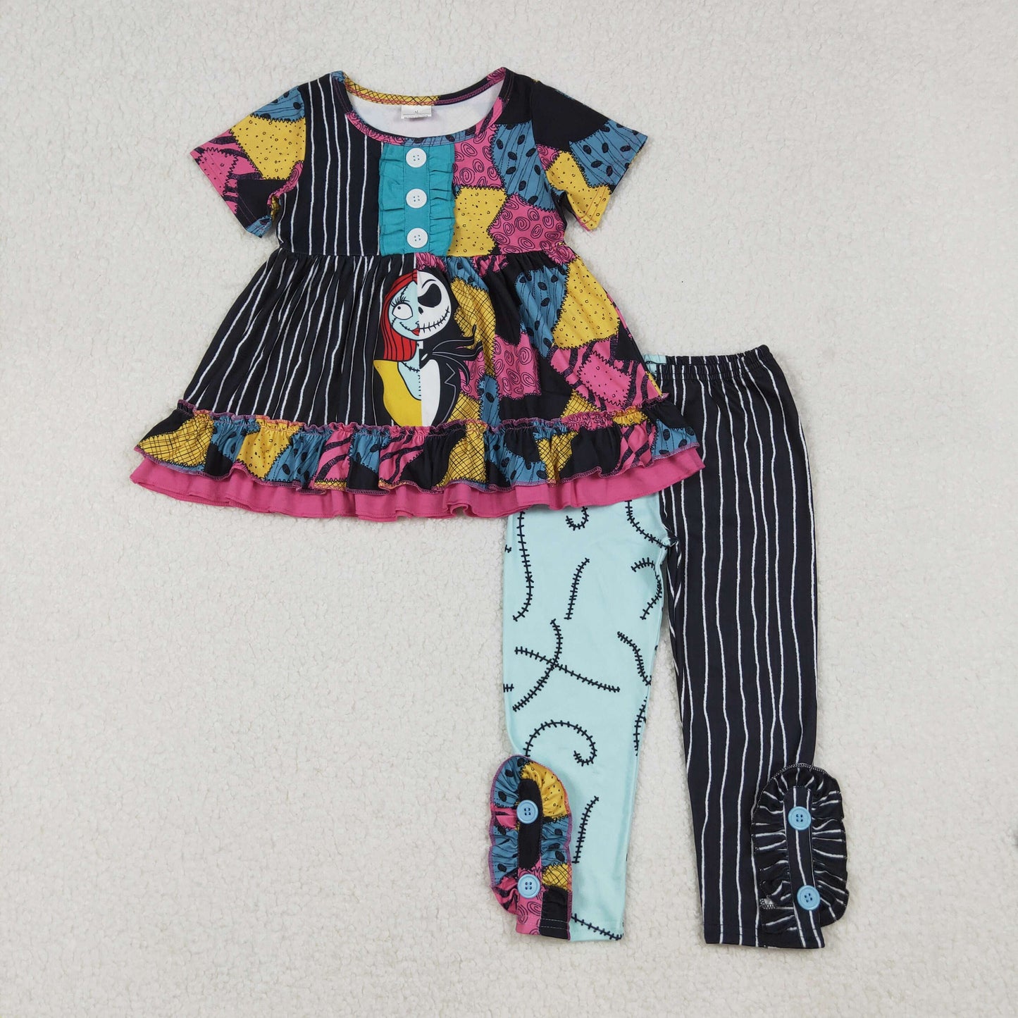 GSPO2056 Baby Girls Colorful Patchwork Skulls Button Tunic Legging Pants Halloween Clothes Sets