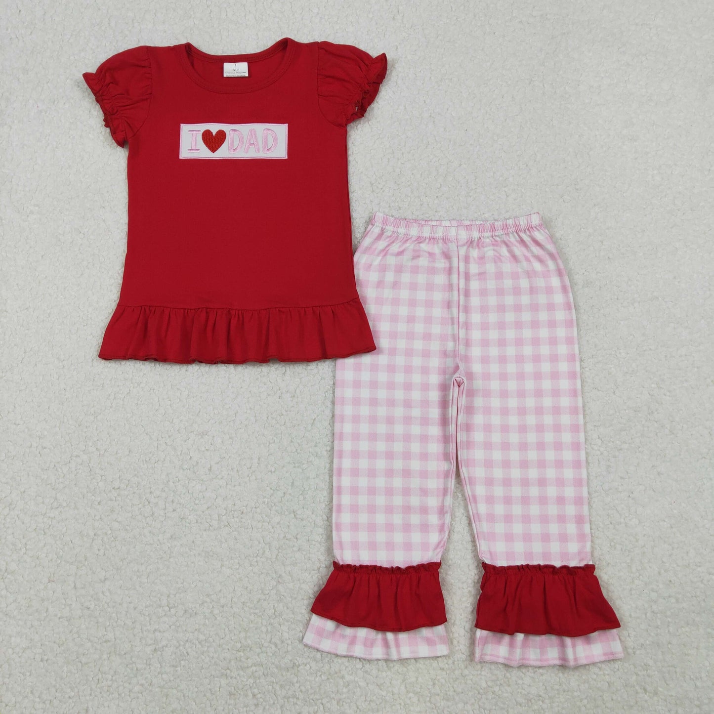 GSPO2072 Baby Girls Embroidery I Love Dad Top Checked Ruffle Pants Clothes Sets