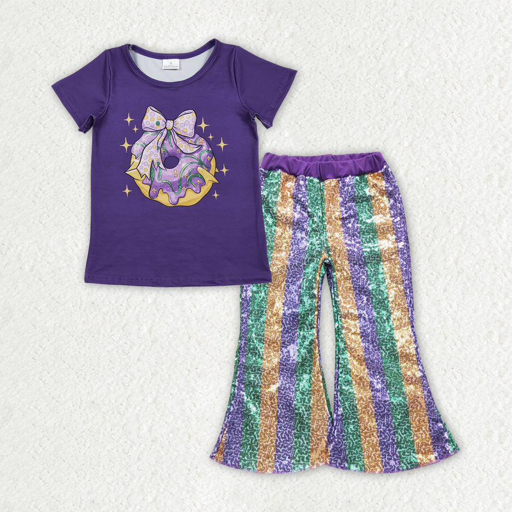 Baby Girls Purple Bows Donuts Top Stripe Sequin Flare Pants Mardigras Clothes Sets