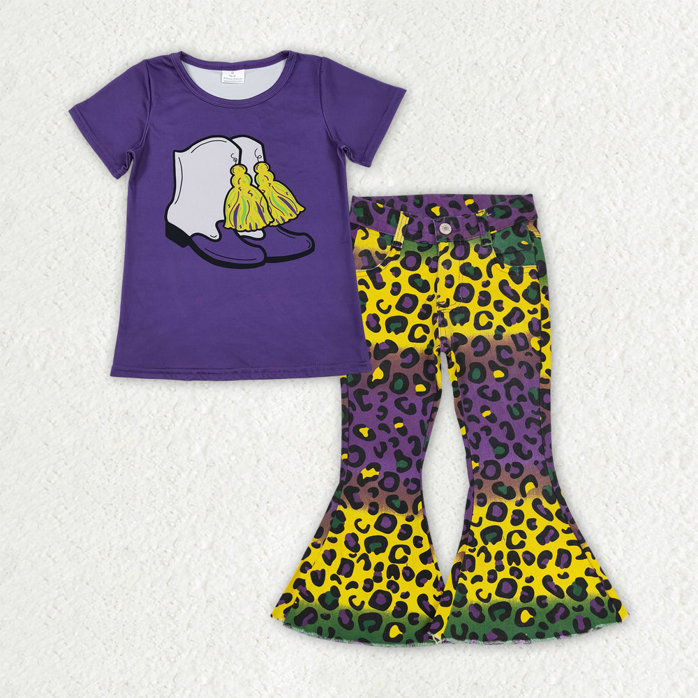 Baby Girls Purple Boots Tassel Top Leopard Denim Bell Bottom Pants Mardigras Clothes Sets