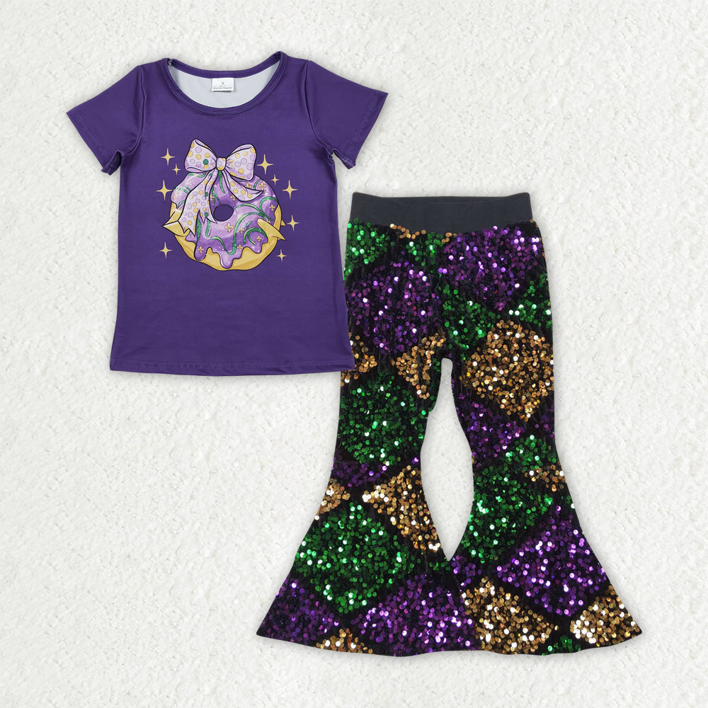 Baby Girls Purple Bows Donuts Top Sequin Bell Bottom Pants Mardigras Clothes Sets