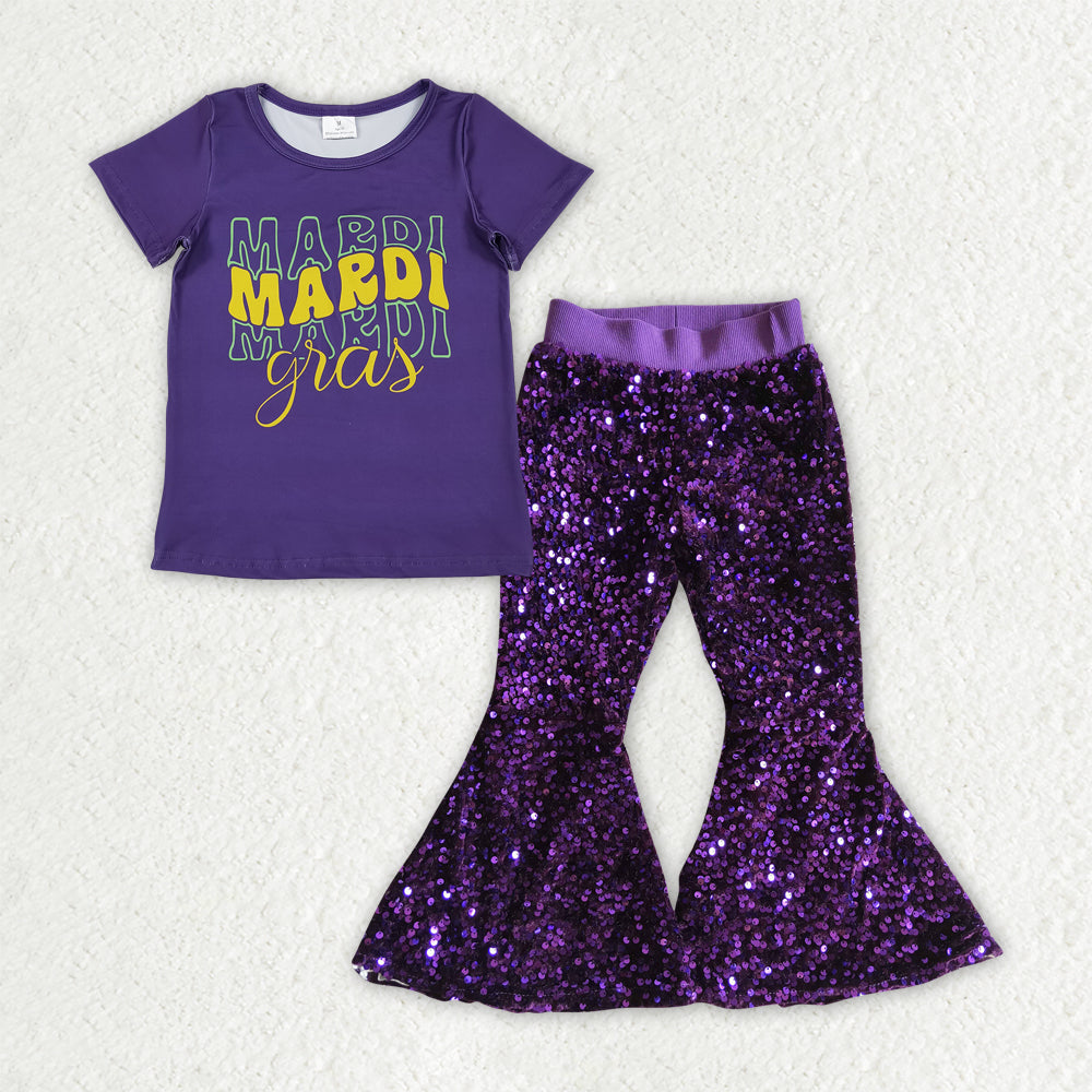 Baby Girls Purple Shirts Top Sequin Bell Bottom Pants Mardigras Clothes Sets