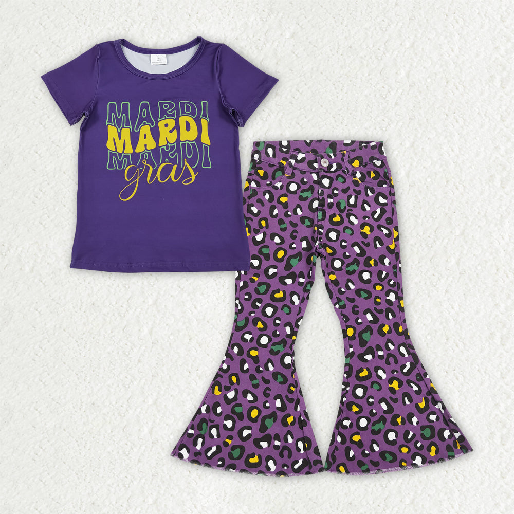 Baby Girls Purple Shirts Top Leopard Denim Bell Bottom Pants Mardigras Clothes Sets