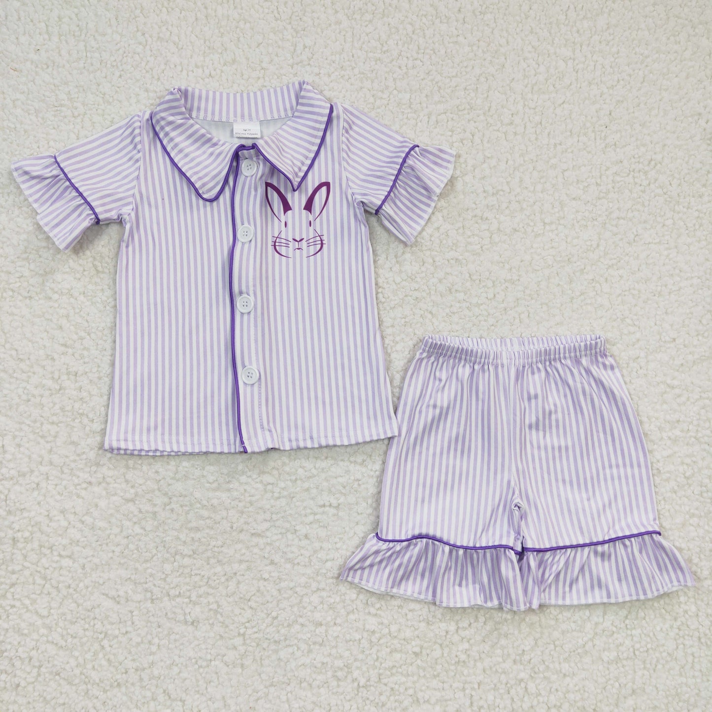 GSSO0144 Baby Girls Lavender Stripe Rabbit Button Top Ruffle Shorts Easter Pajamas Sets