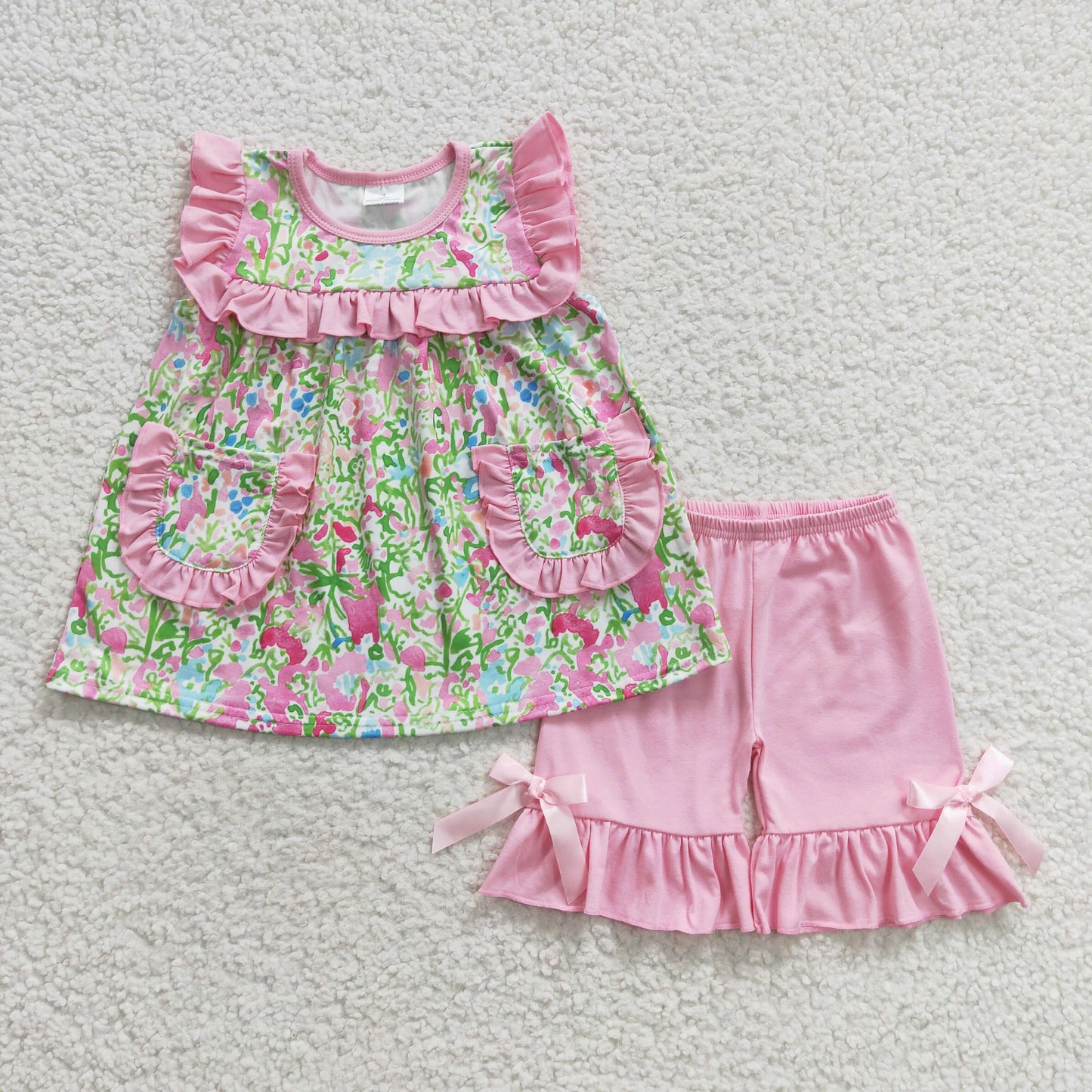 Sibling Baby Girls Sleeveless Watercolor Floral Tunic Ruffle Shorts Set