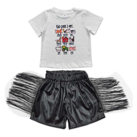 Farm White Tee Shirts tassel shorts sets GSSO0366