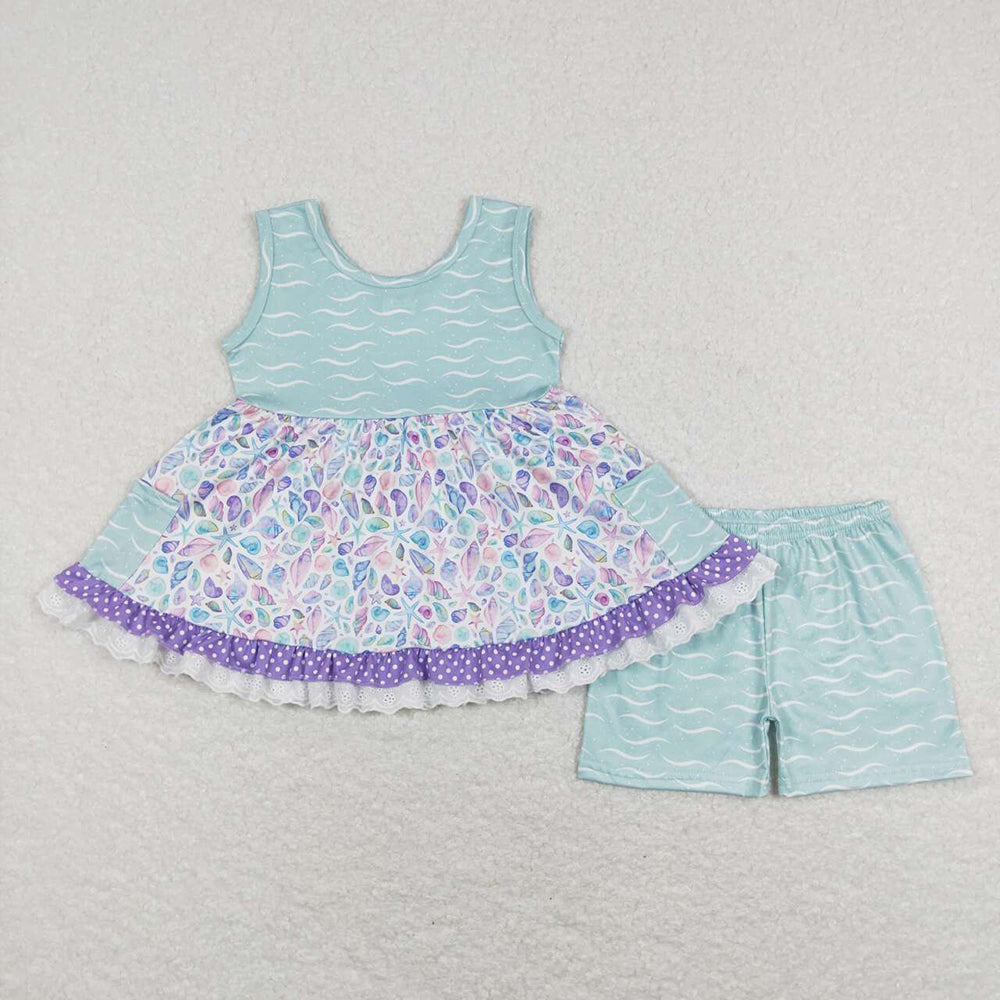 Sibling Baby Girls Summer Sea Shell Rompers Outfits Sets