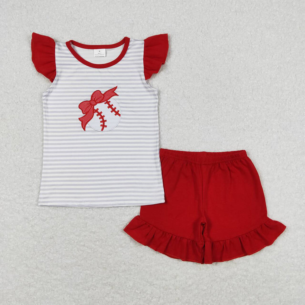 GSSO0605 baby girls embroidery baseball bow shirt summer outfits