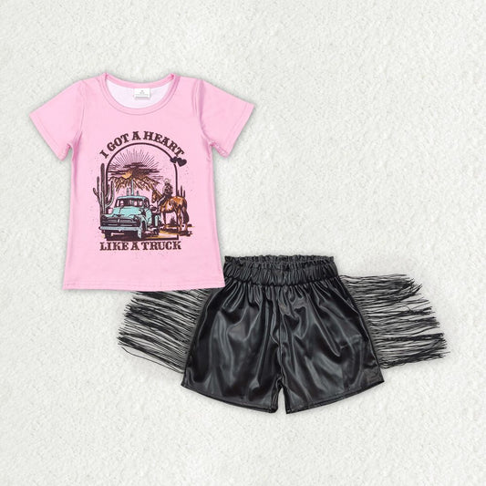 Pink Love Heart Tee Shirts tassel shorts sets GSSO0666