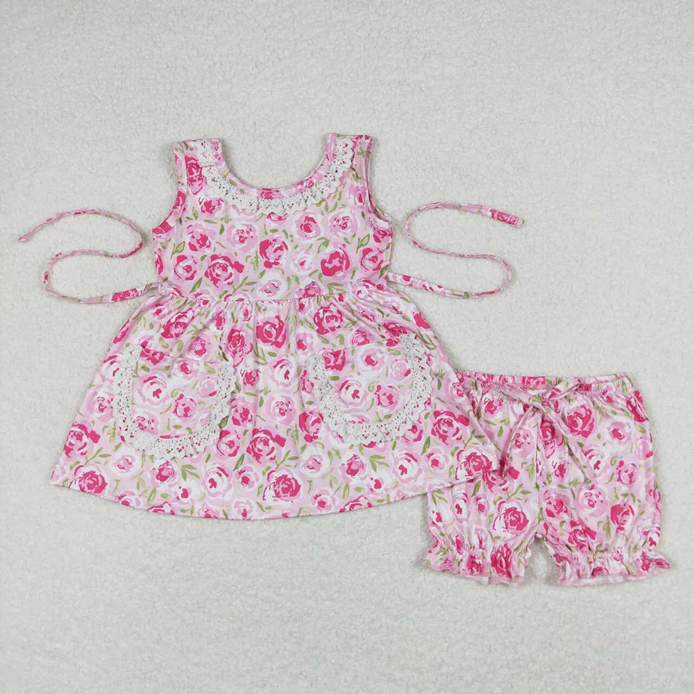 GSSO0685 baby clothes pink flowers toddler girls summer tunic shorts outfits sets
