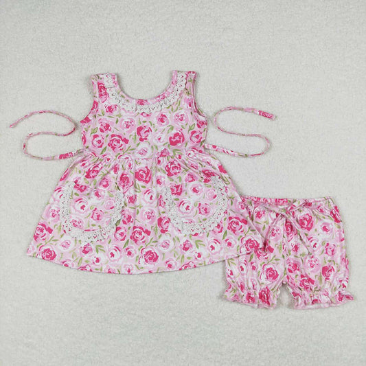 GSSO0685 baby clothes pink flowers toddler girls summer tunic shorts outfits sets