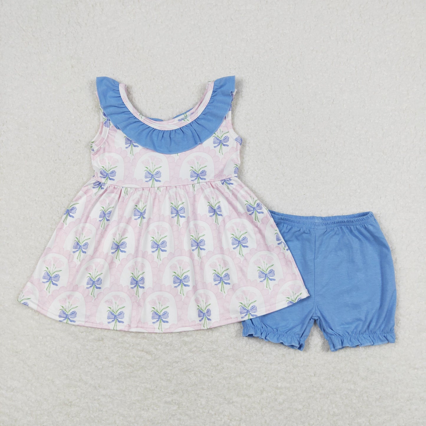 Sibling Baby Girls Sleeveless Floral Print Bow Tunic Ruffle Shorts Clothes Sets