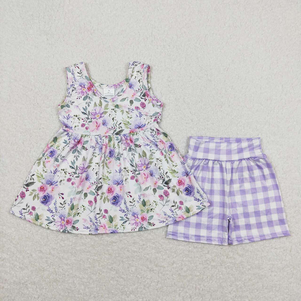 girls purple flowers tunic checkered shorts sets GSSO0742