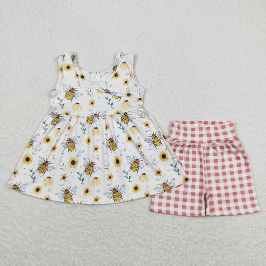 girls honey bee flowers tunic checkered shorts sets GSSO0743