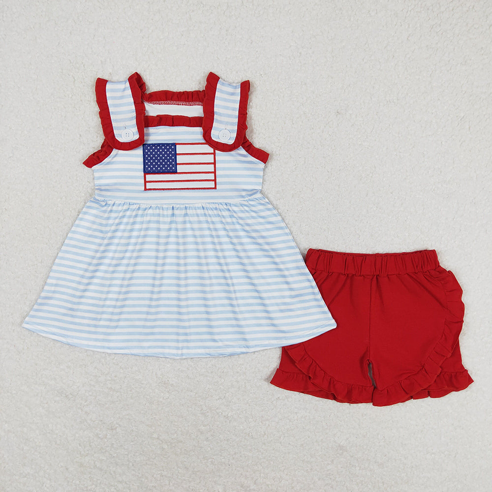 GSSO0755 baby girl clothes 4th of July patriotic toddler flag embroidery summer outfits
