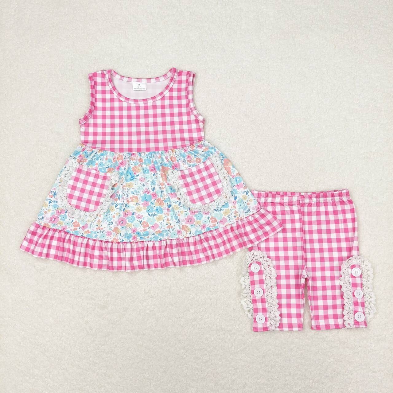 Sibling Baby Girls Checkered Floral Tunic Top Ruffle Middle Length Shorts Clothes Setsv