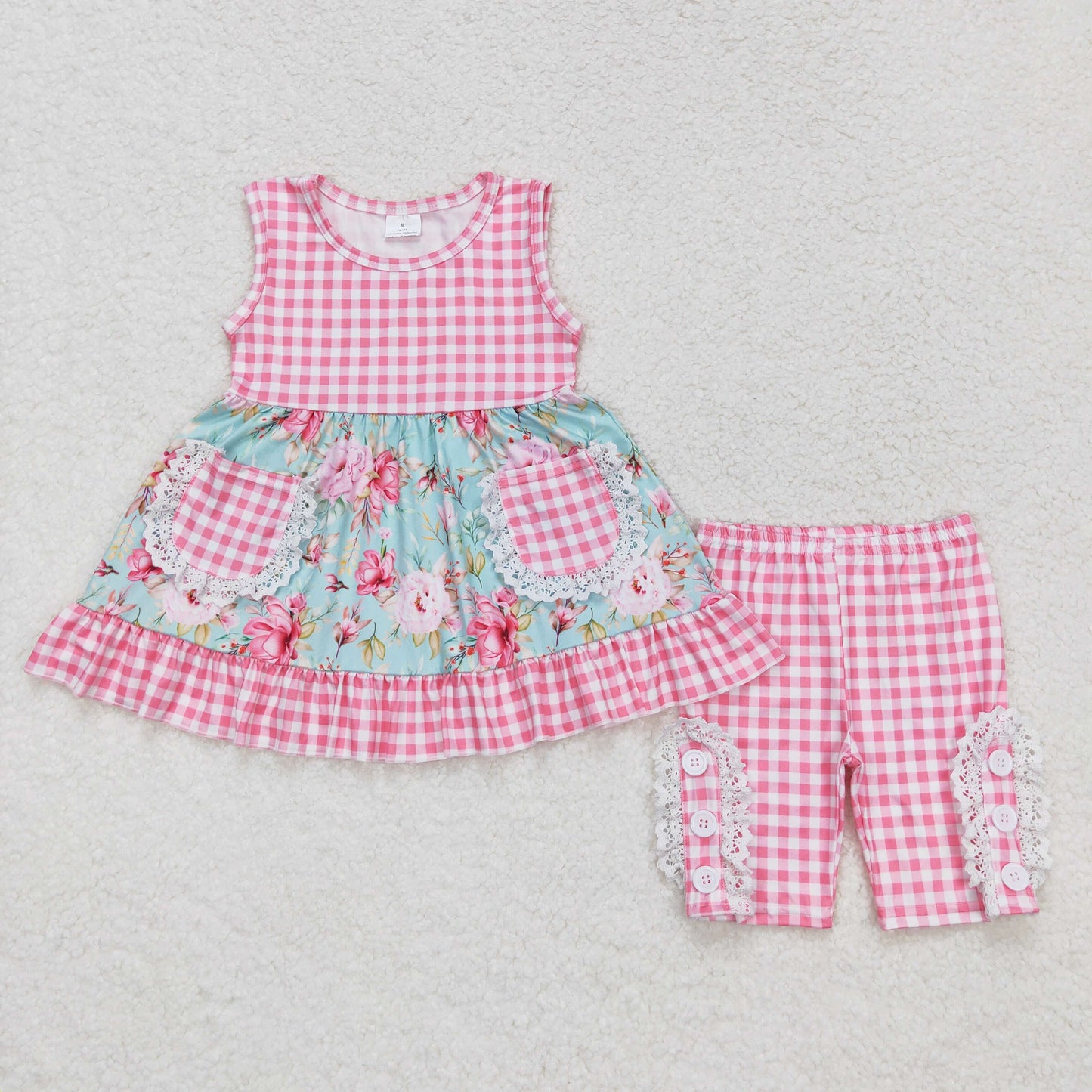 Sibling Baby Girls Checkered Floral Tunic Top Ruffle Middle Length Shorts Clothes Setsv