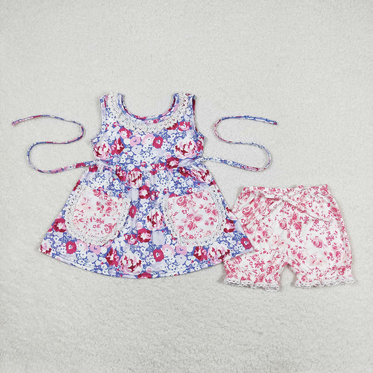 GSSO0856 baby clothes purple flowers toddler girls summer tunic shorts outfits sets