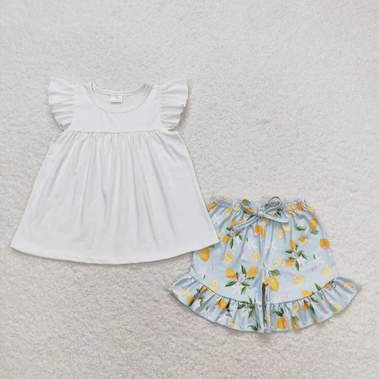 girls white Pearl tops lemon shorts sets GSSO0870