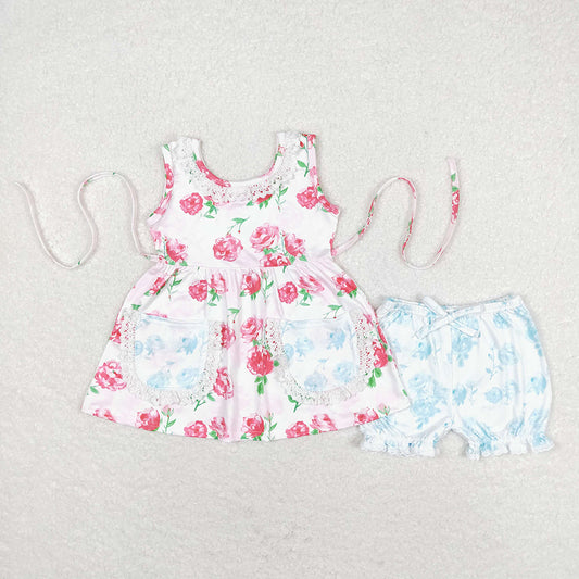 GSSO0882 baby clothes pink flowers toddler girls summer tunic shorts outfits sets