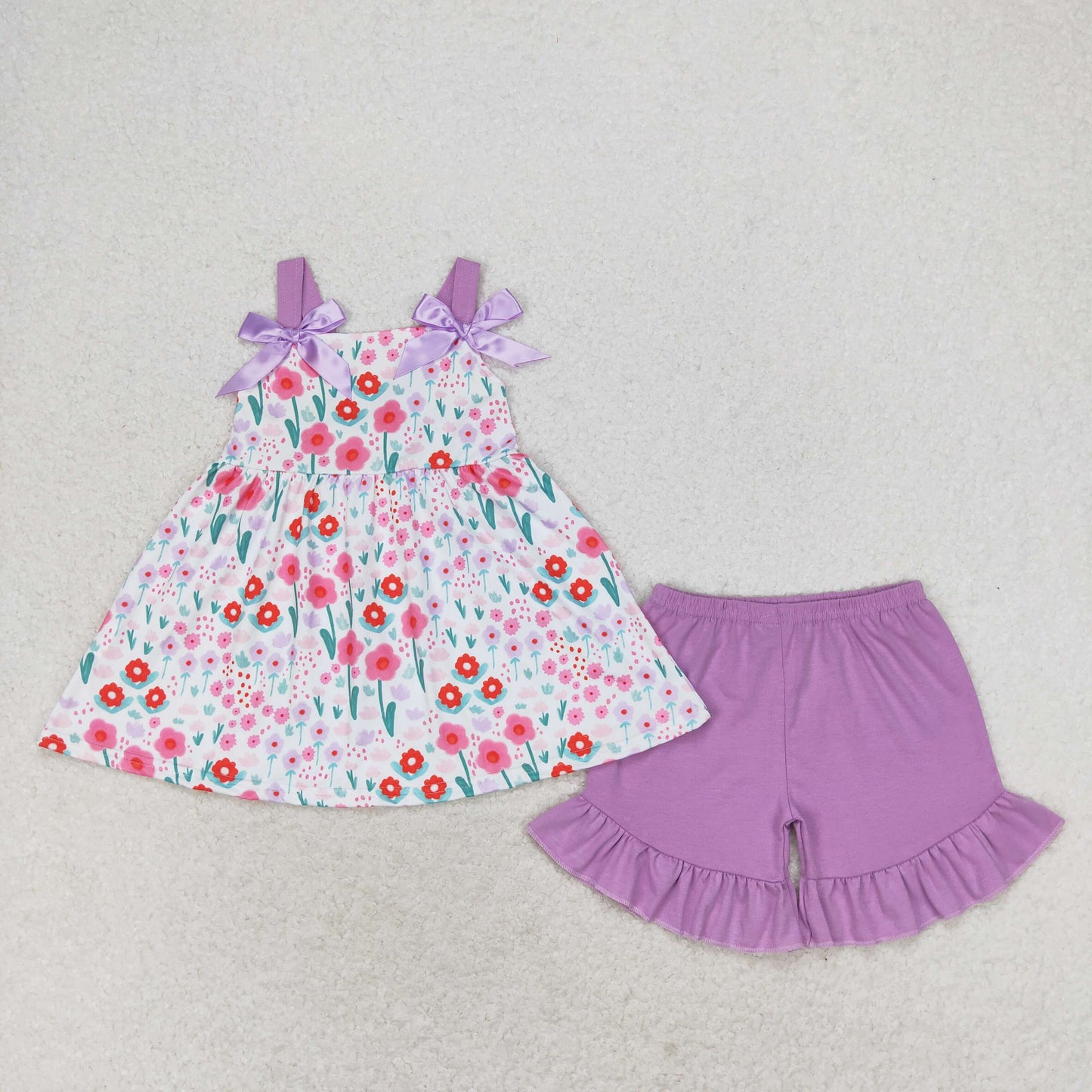 Sibling Baby Girls Pink Tulip Flowers Bows Tunic Shorts Clothes Sets Rompers