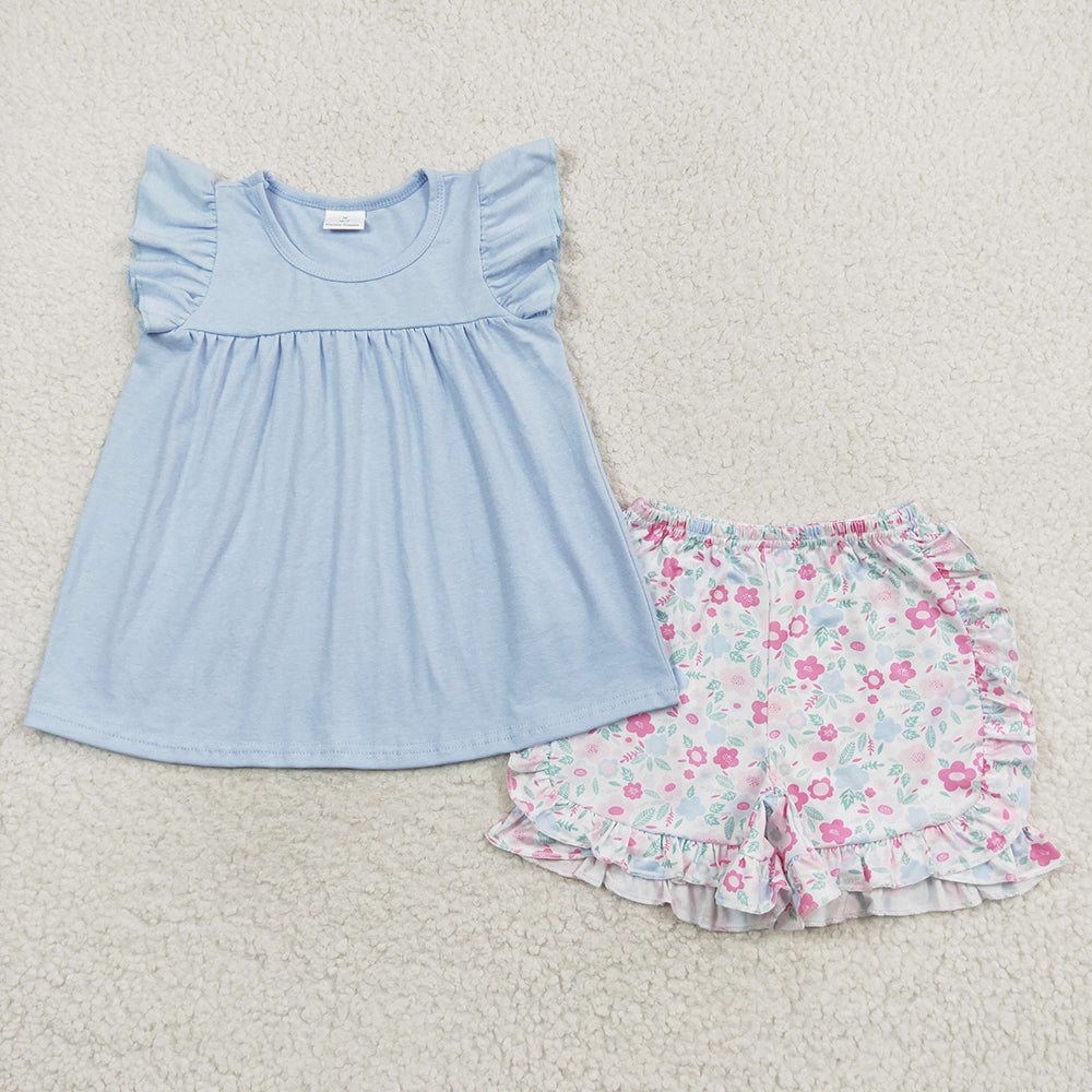 girls blue Pearl tops floral shorts sets GSSO1056