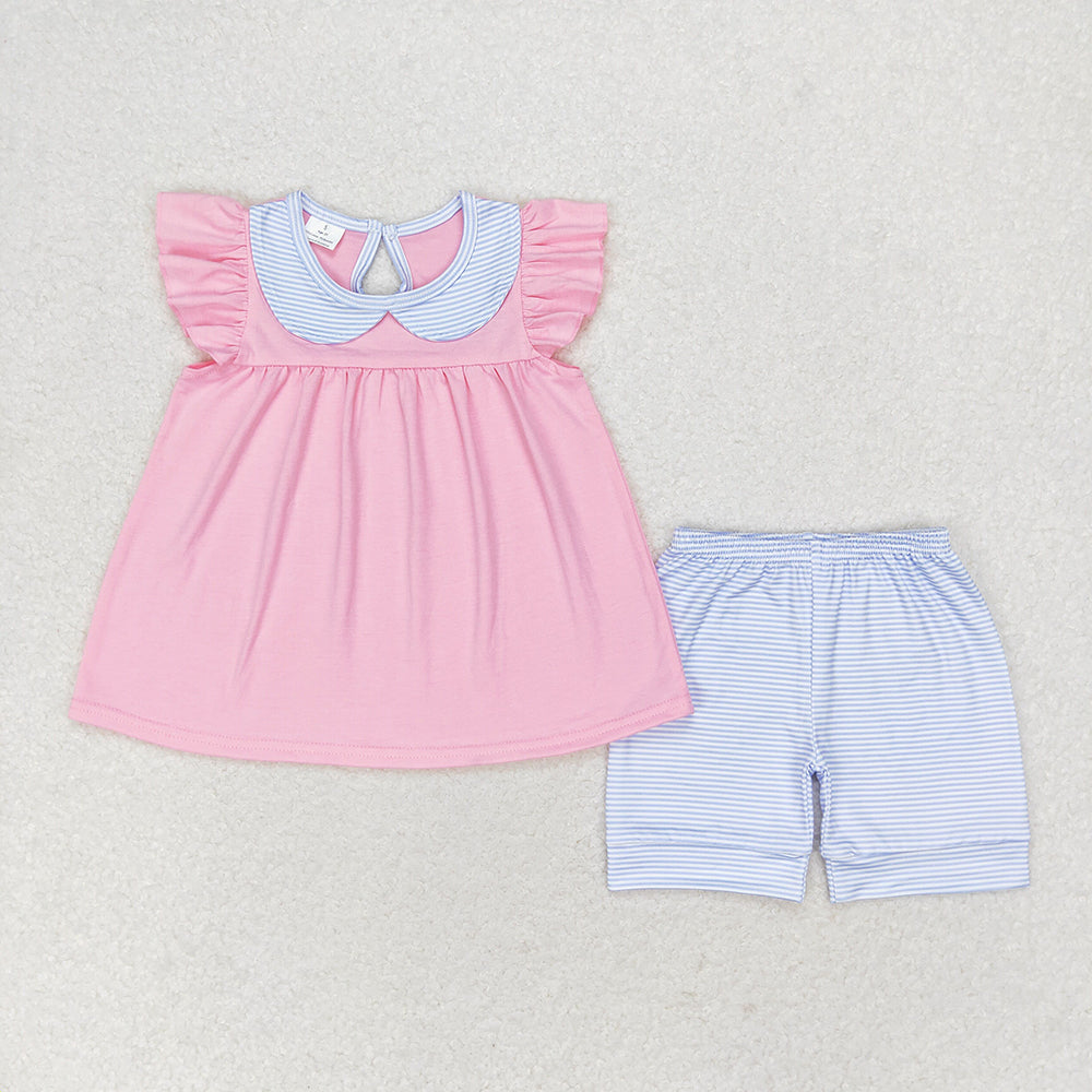 GSSO1064 Girls pink flutter sleeve tunic top stripes shorts outfits sets
