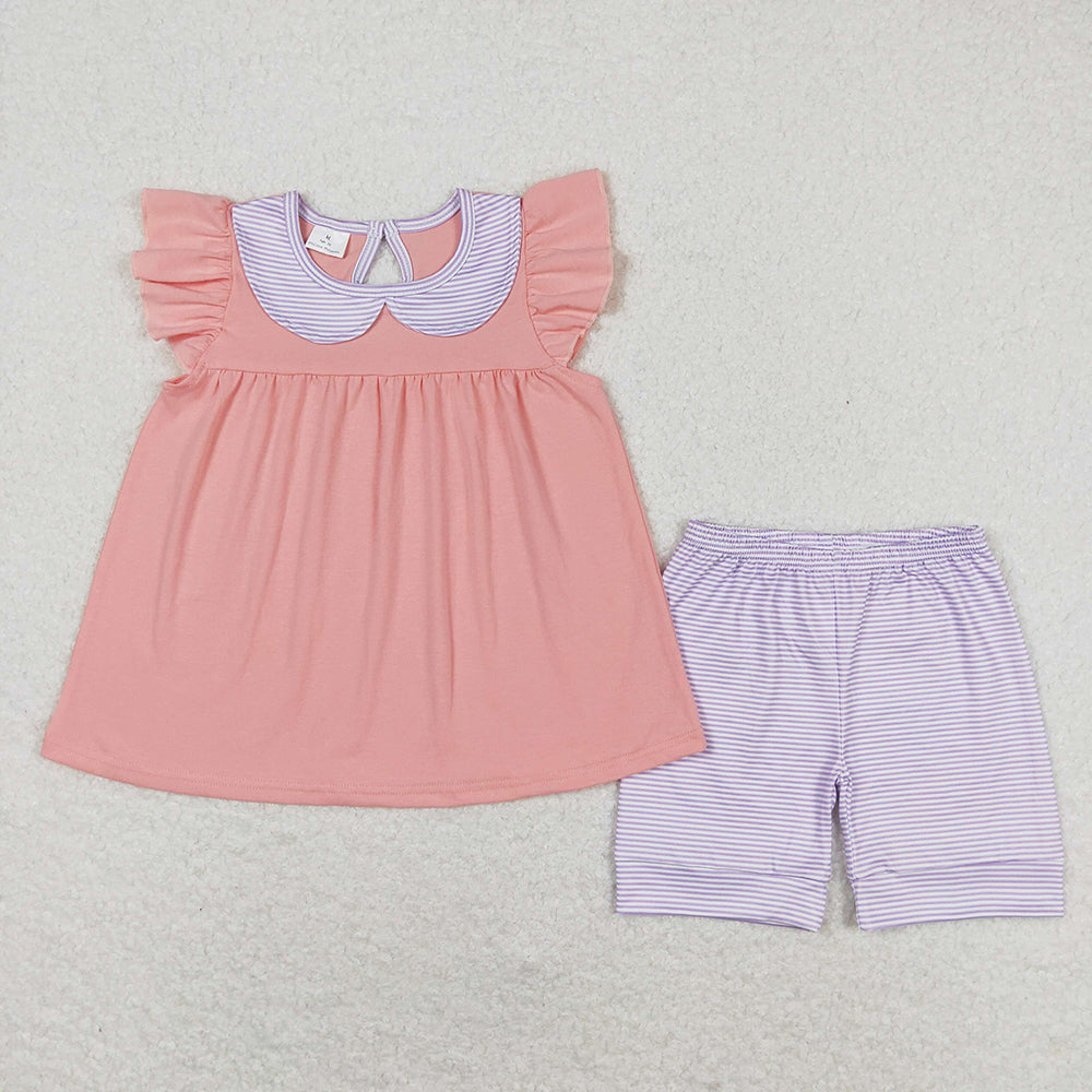 GSSO1066 Girls coral flutter sleeve tunic top stripes shorts outfits sets