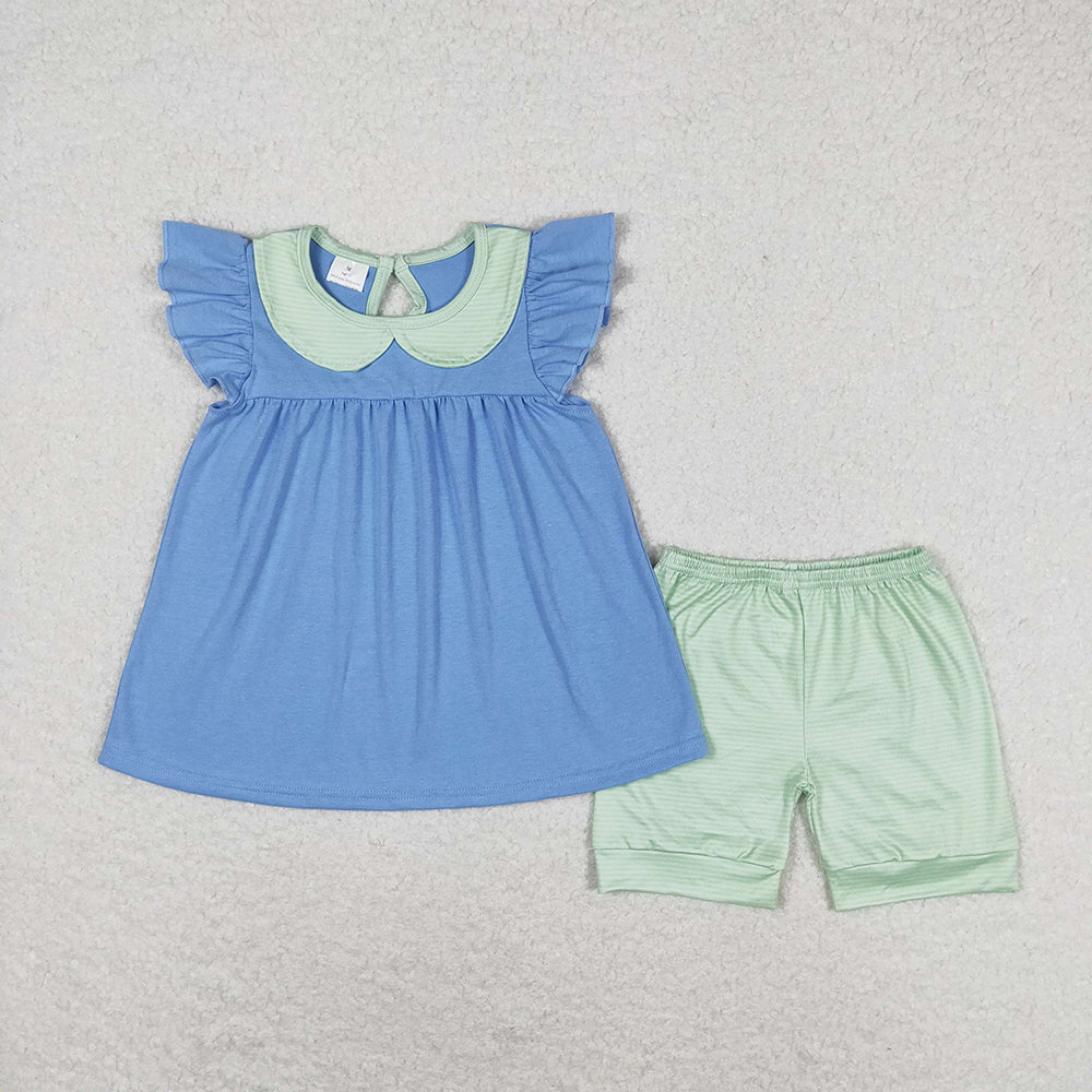 GSSO1067 Girls blue flutter sleeve tunic top stripes shorts outfits sets