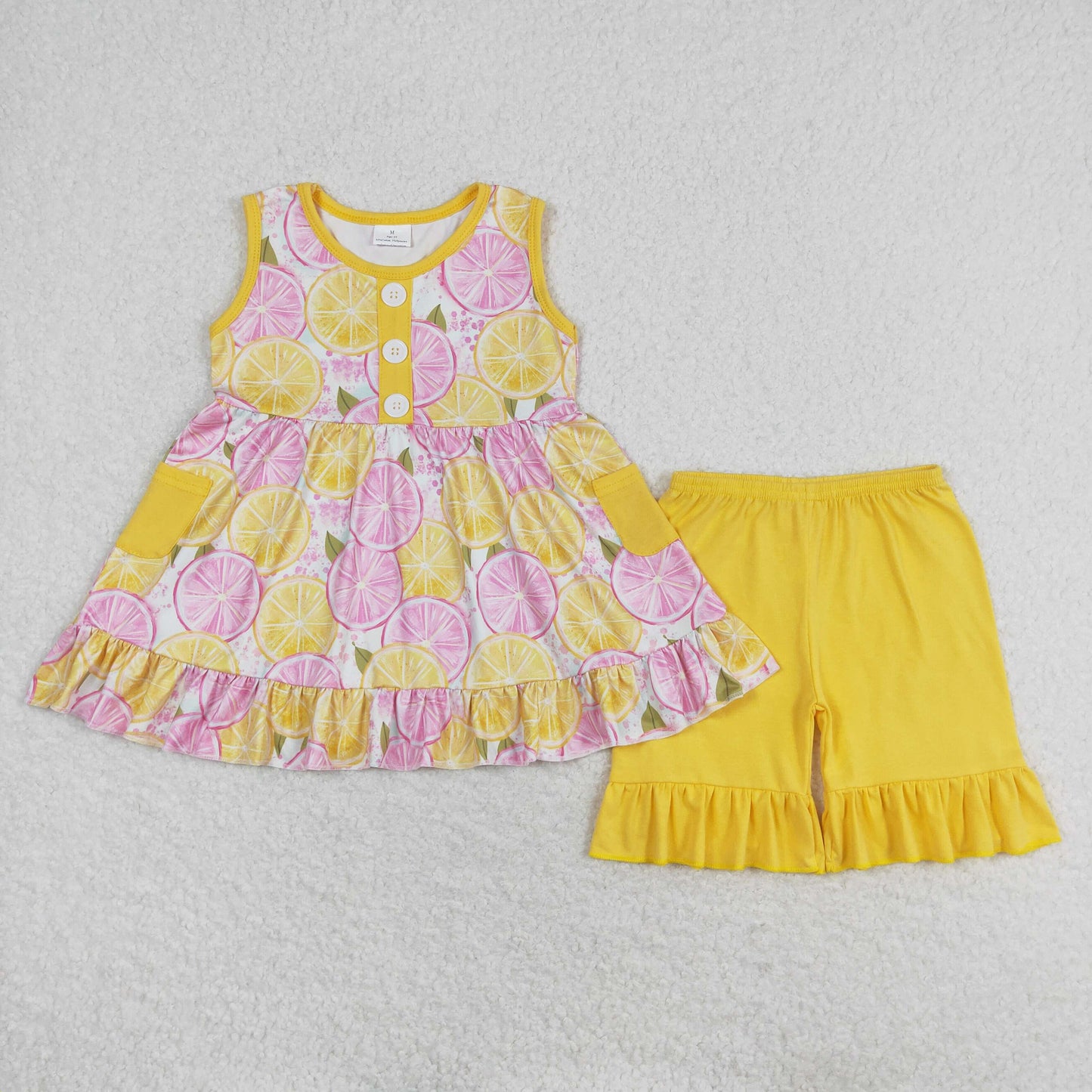 Sibling Baby Girls Sleeveless Bows Lemons Pockets Button Tunic Ruffle Shorts Set